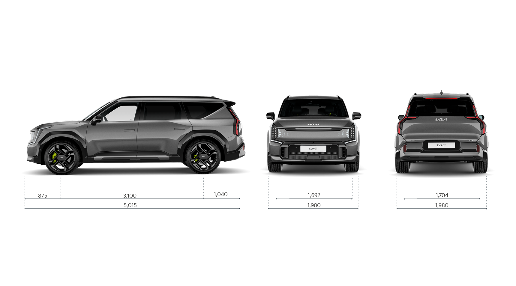 Kia EV9 GT Seiten- Front- und Heckansicht